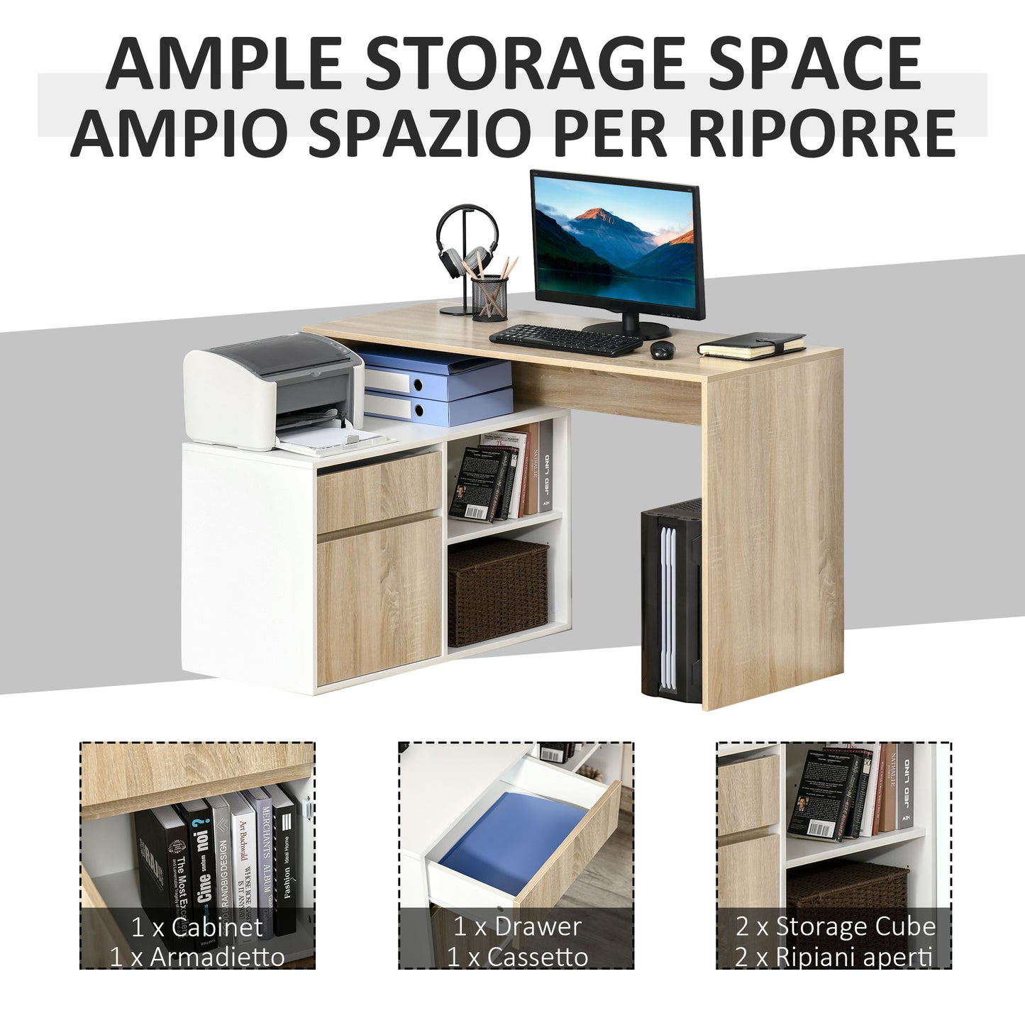 Kavi 120cm Wooden Oak And White L Shaped Desk With Drawer Shelving And Storage Cabinetm