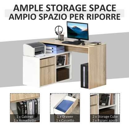 Kavi 120cm Wooden Oak And White L Shaped Desk With Drawer Shelving And Storage Cabinetm