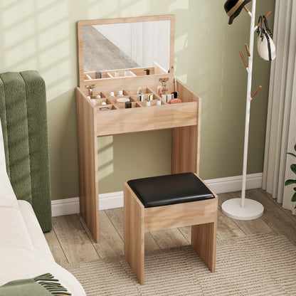 Nolena Natural Wood Vanity Desk With Flip Mirror Cushioned Stool And Storage