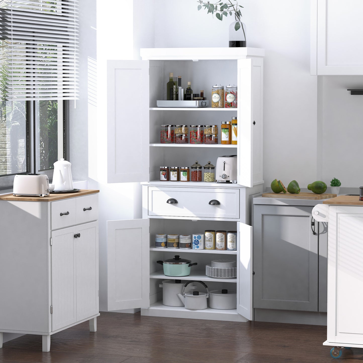 Fayo Wooden White Tall Colonial Style Kitchen Pantry Cabinet 4 Doors And Drawer
