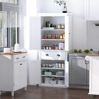 Fayo Wooden White Tall Colonial Style Kitchen Pantry Cabinet 4 Doors And Drawer