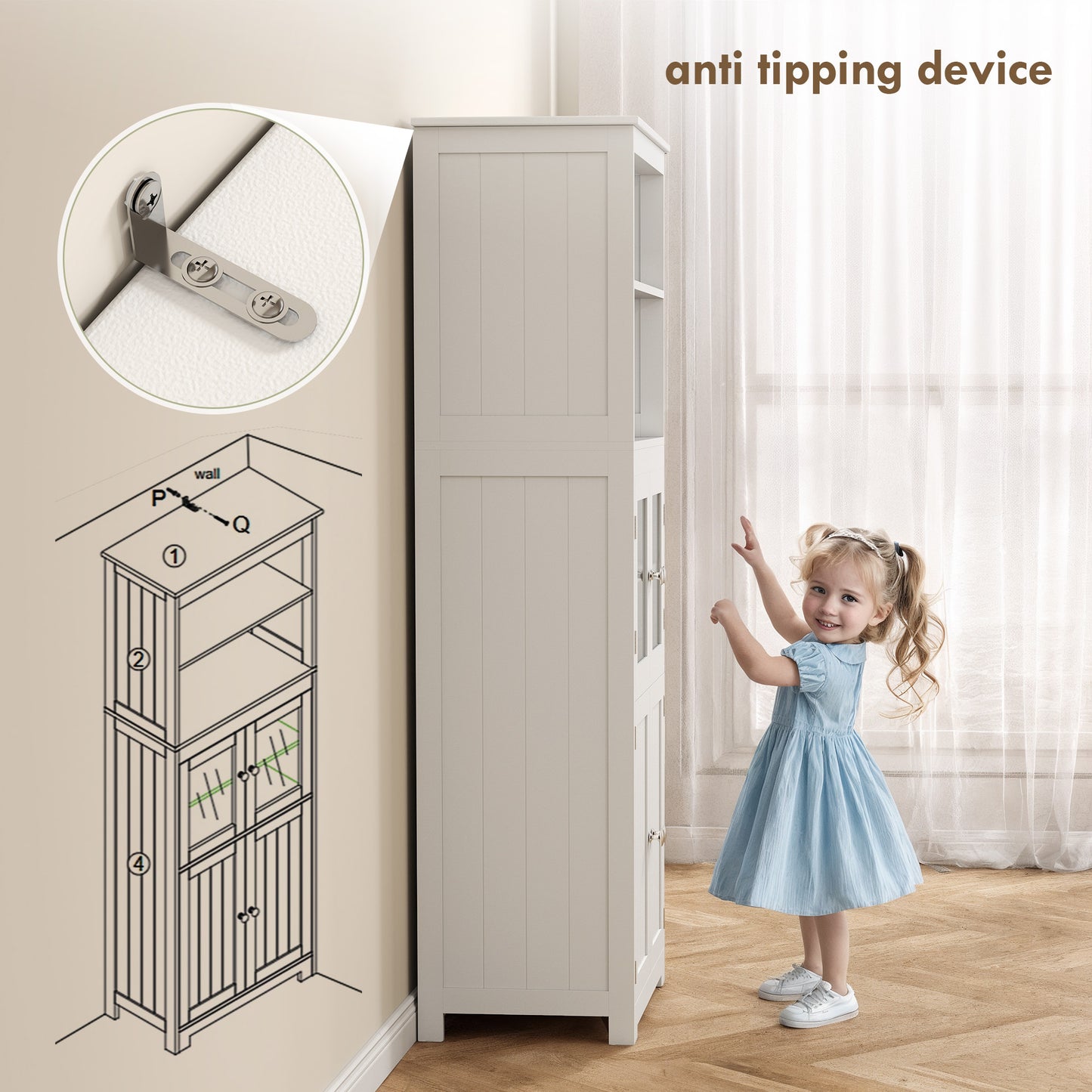 Doke Wooden White 4 Door Kitchen Cupboard With Glass Panels And Adjustable Shelves