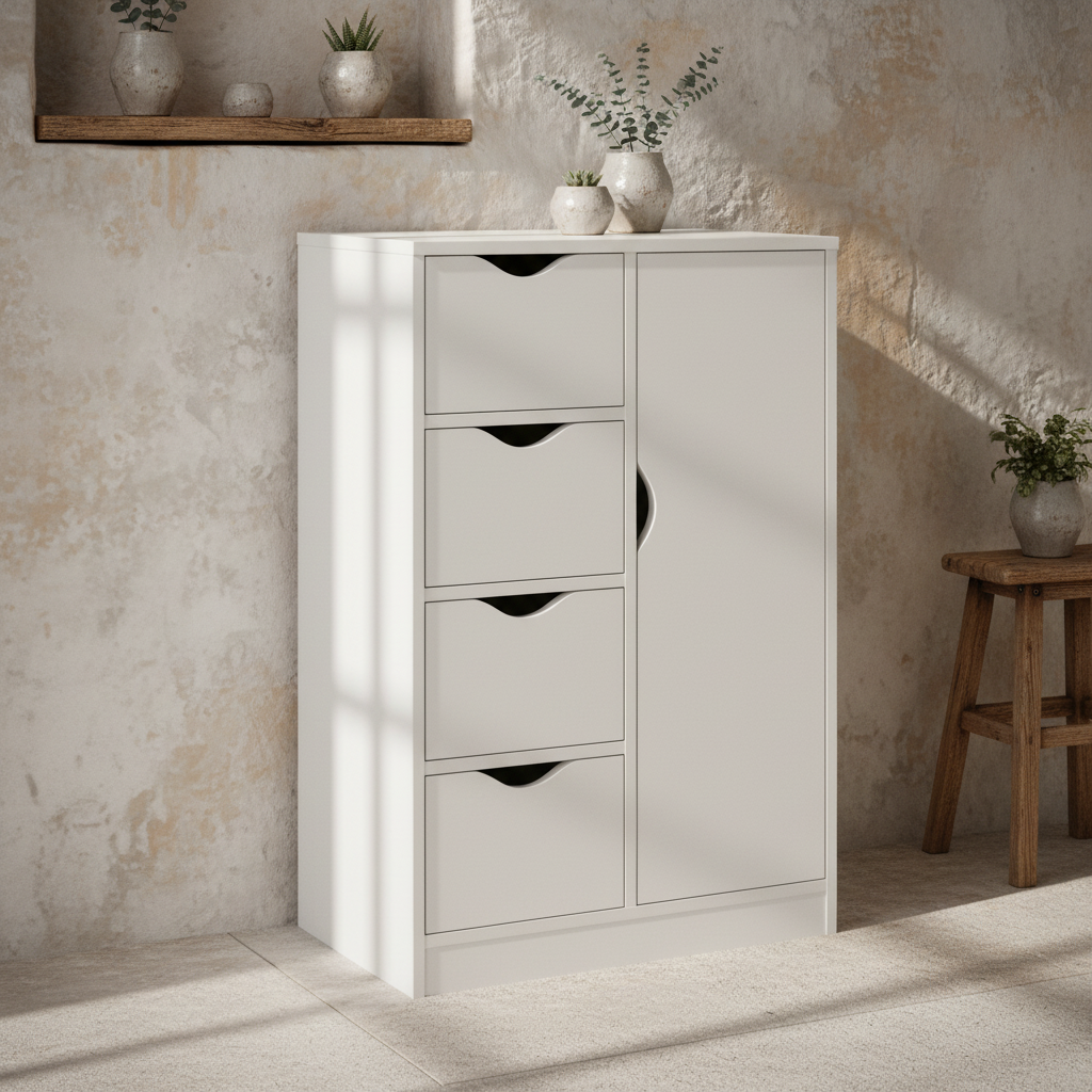 Sopake White Freestanding Storage Cabinet With 4 Drawers And Lower Cupboard