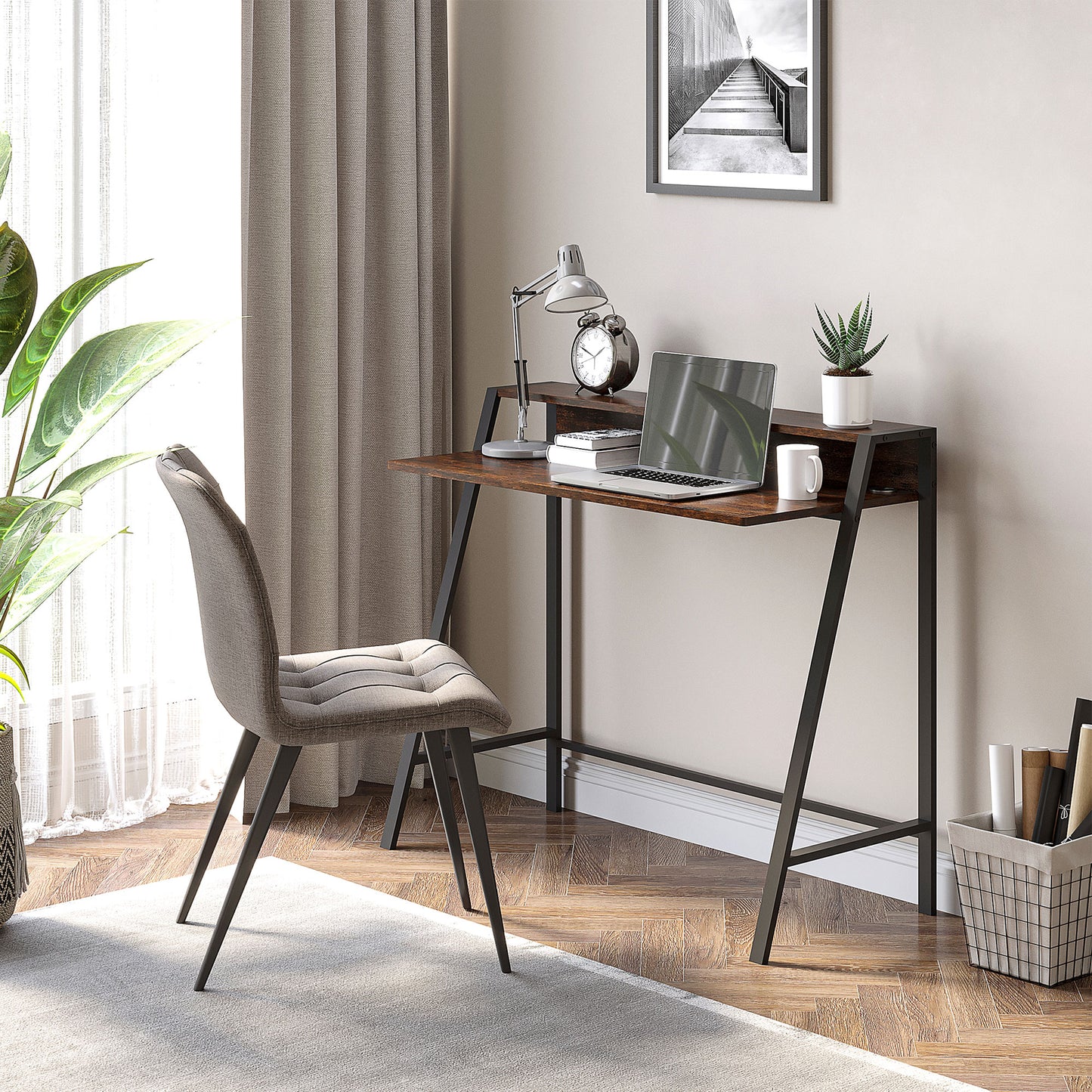Lune 100cm Rustic Brown Compact Writing Desk With Integrated Storage Shelves