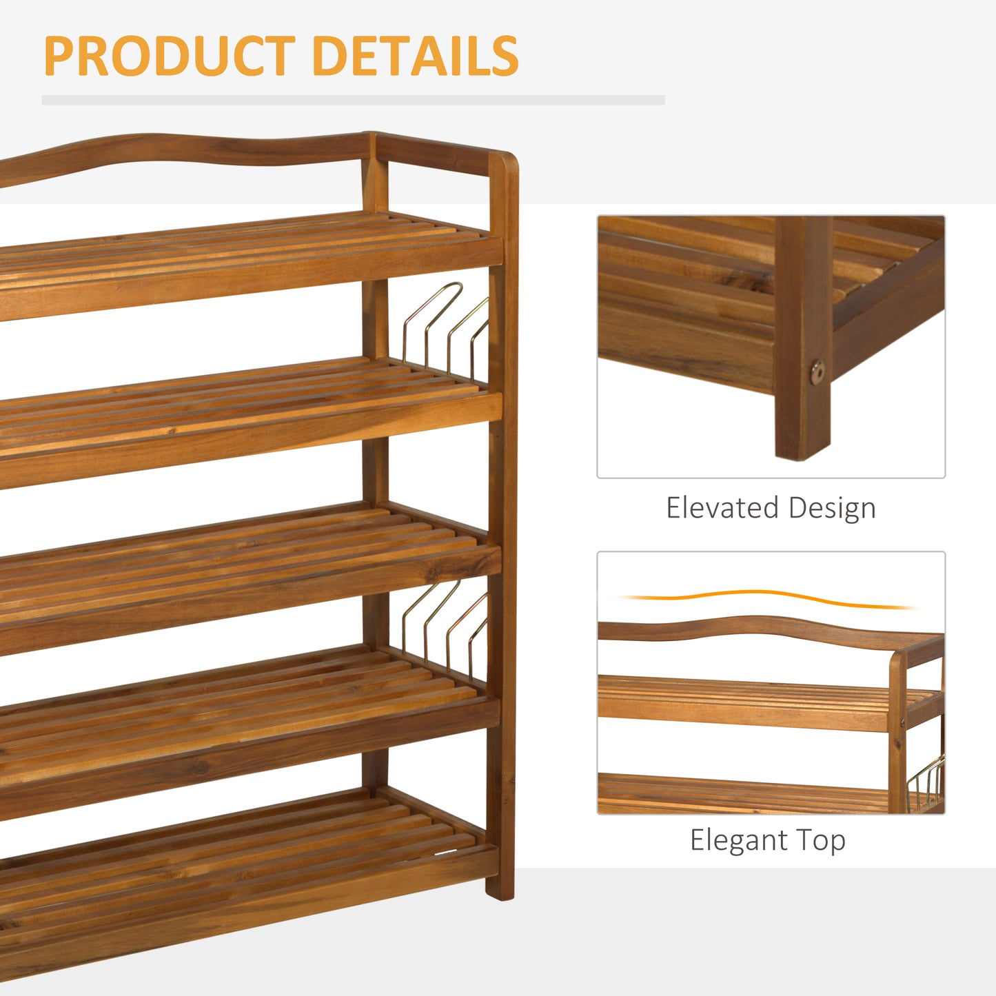 Leno Acacia Wood Teak 5 Tier Shoe Rack With Hangers For Up To 19 Pairs