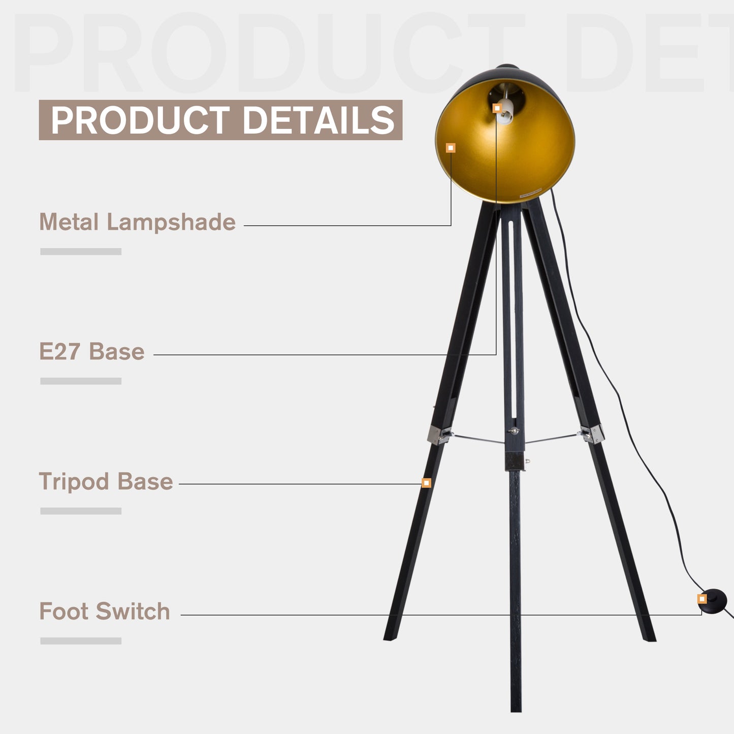 Cono Wood And Metal Black And Gold Adjustable Tripod Spotlight Floor Lamp