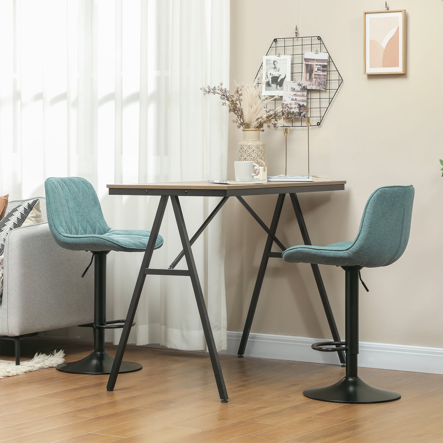 Loelne Fabric Blue Linen Look Bar Stools Set Of 2