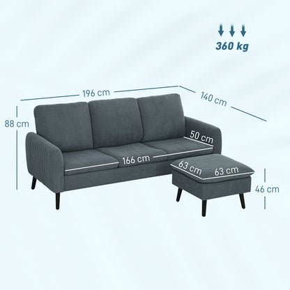 Vanefi Nami Corduroy Charcoal Grey 3 Seater Sofa With Matching Ottoman