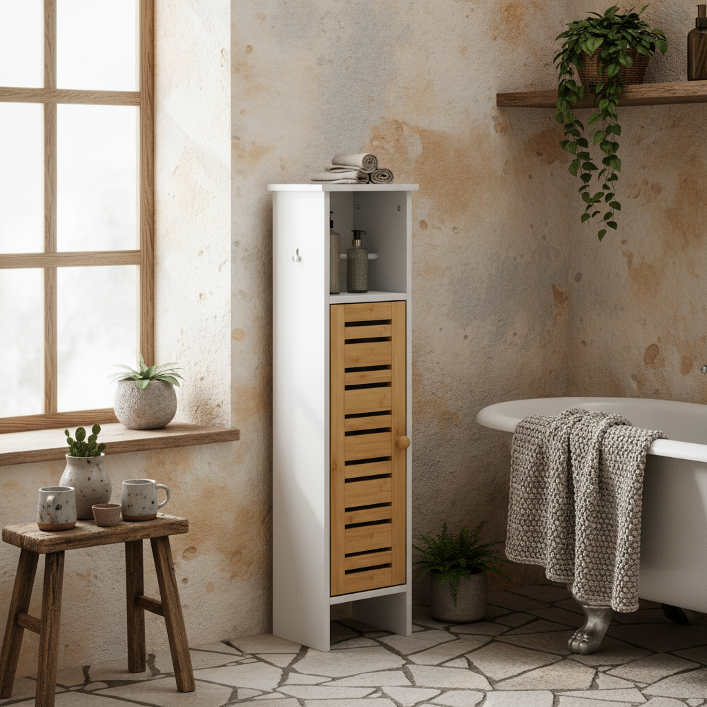 Nohaba White Bathroom Storage Cabinet With Integrated Toilet Roll Holder