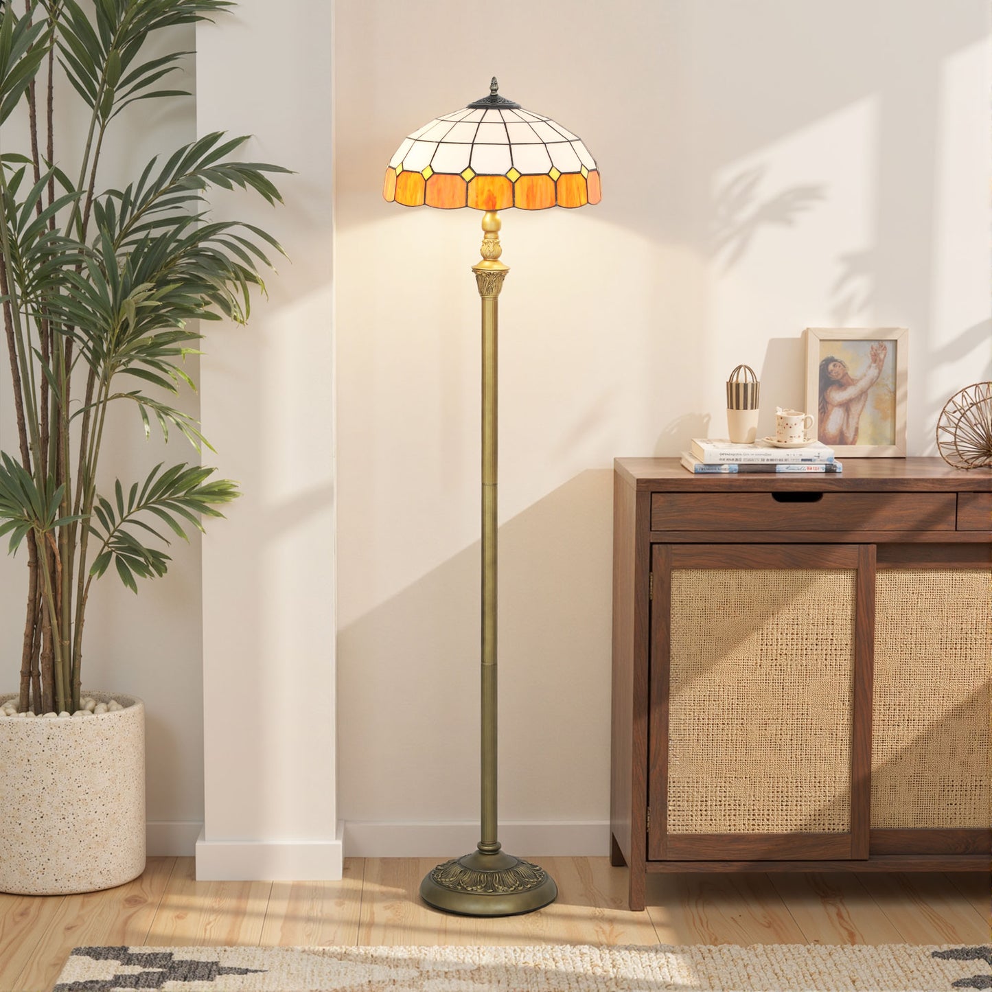Rakelo Metal And Glass Bronze And Orange Tiffany Style Floor Lamp With Handcrafted Stained Shade