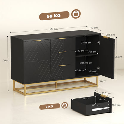 Varase Black Sideboard 3 Drawers 2 Doors Gold Accents