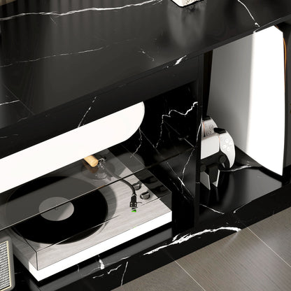 Avadell 148cm Black Marble Effect TV Unit With Glass Shelves For Screens Up To 55 Inches