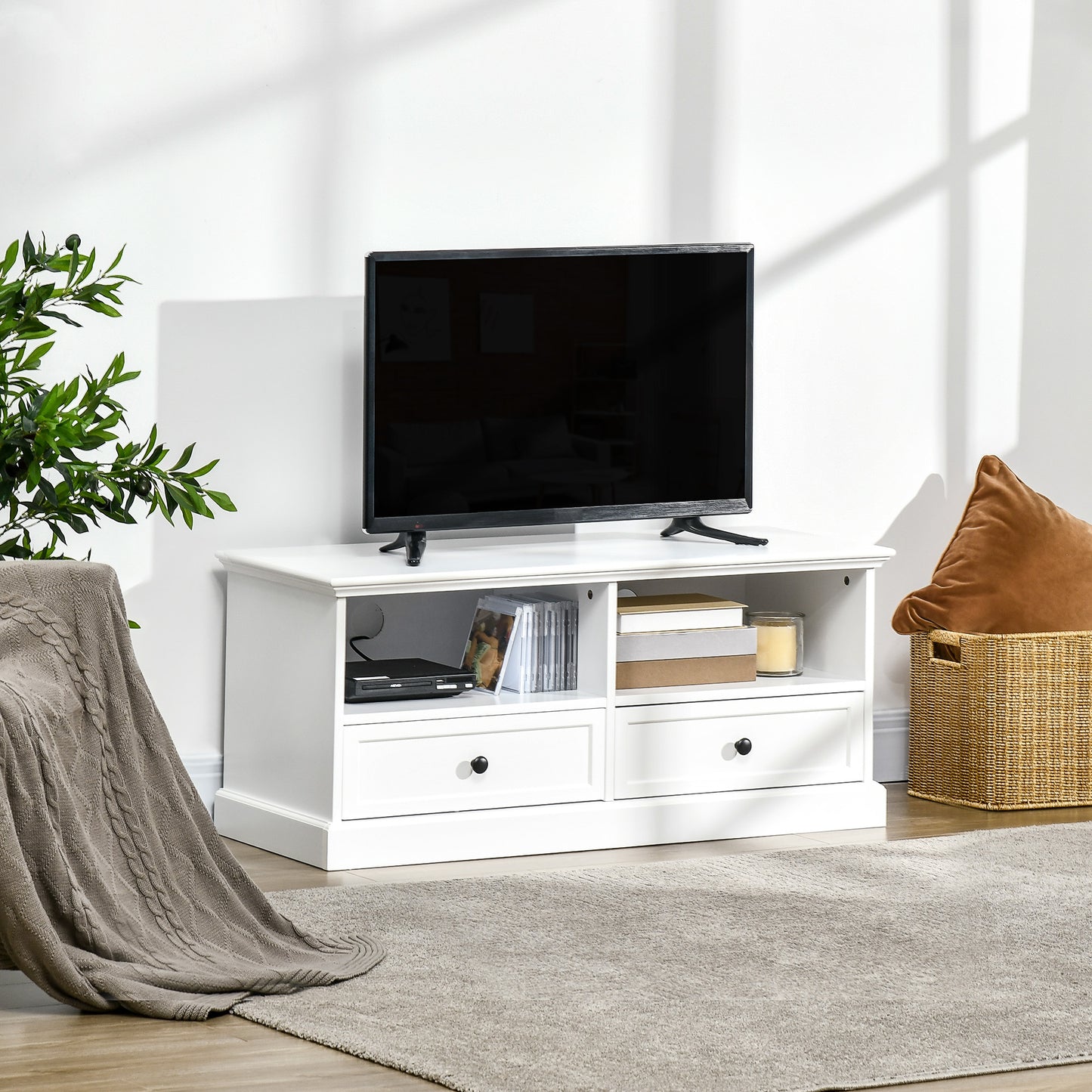 Letoco Yoyo Wooden White Compact TV Stand With Drawers OFauxn Storage And Cable Management For Screens Up To 45 Inches