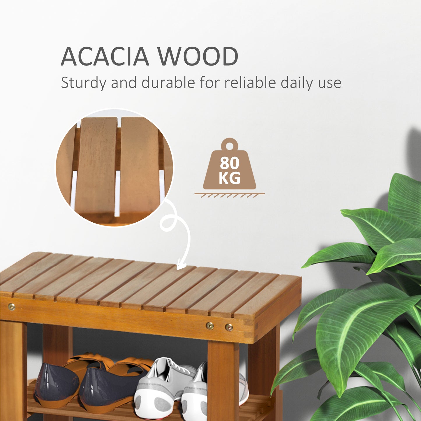 Elsari Acacia Wood Teak 3 Tier Shoe Bench With Slatted Shelves