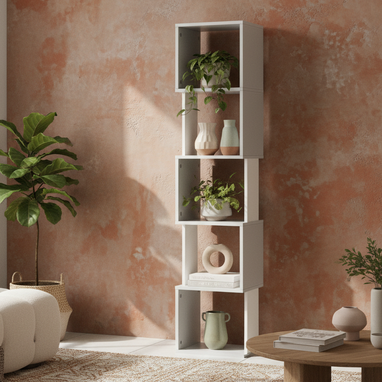 Ziva Wood White And Light Grey 5 Tier Freestanding Bookcase
