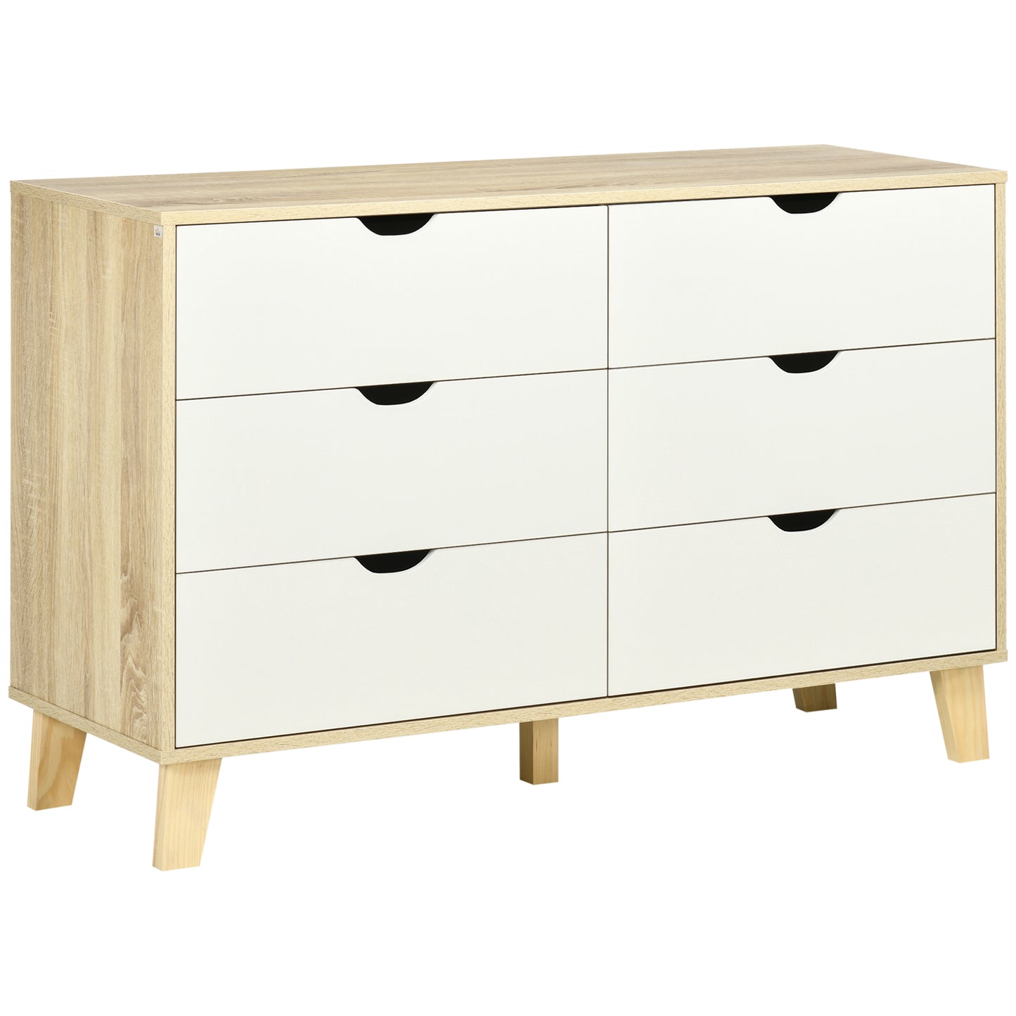Valu Natural Wood and White Wide 6 Drawer Chest With Wooden Legs