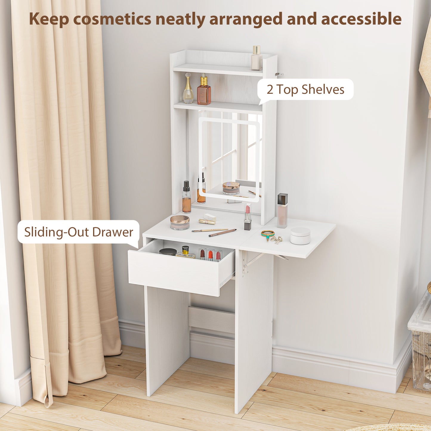 Ravitti White Compact Vanity Desk With Mirror LED Lights Drop Leaf And Open Shelves
