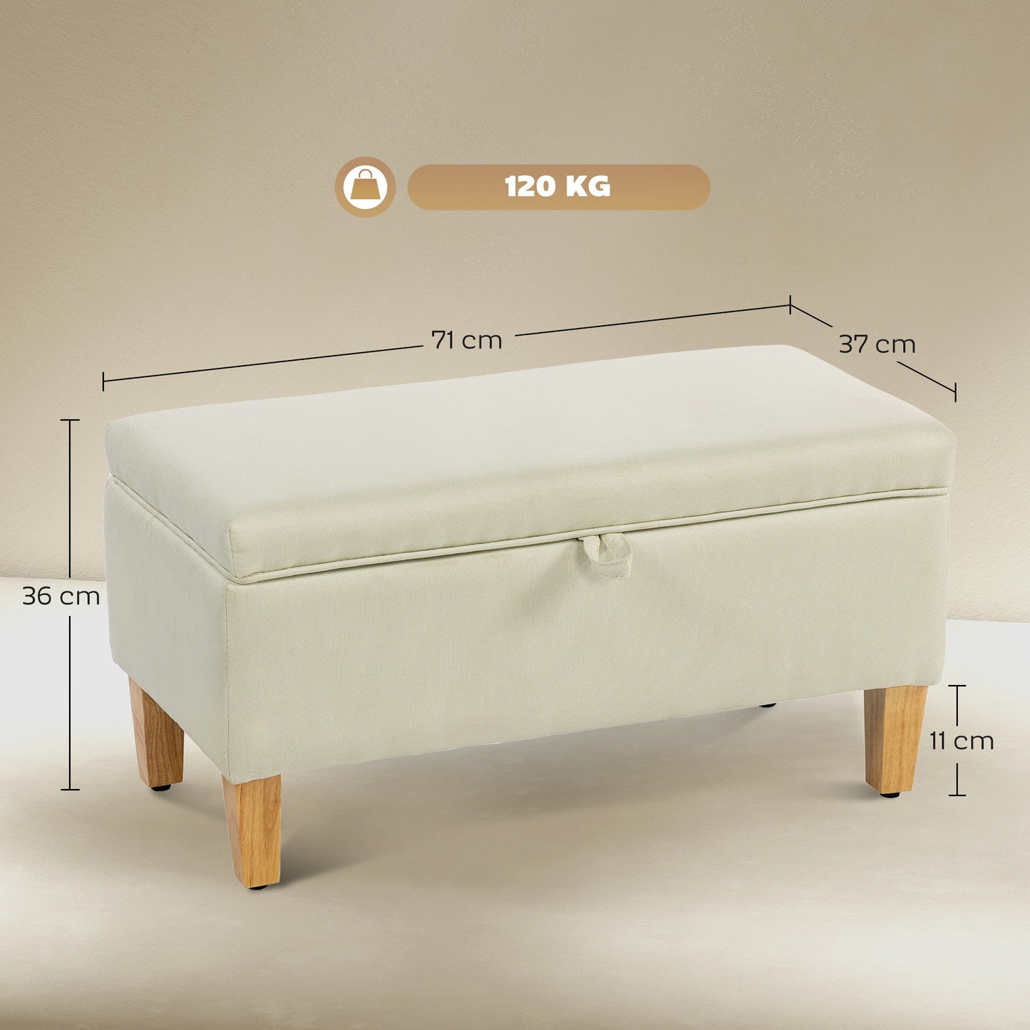 Suba Linen Beige Storage Footstool With Storage Natural Wooden Legs