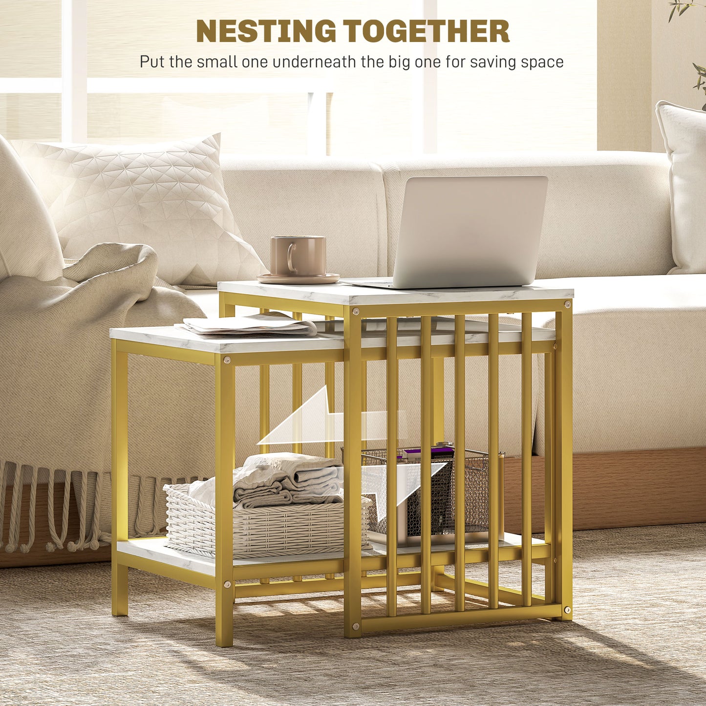 Rolana Set Of 2 Nesting Coffee Tables Metal And Marble Effect and Gold Frame