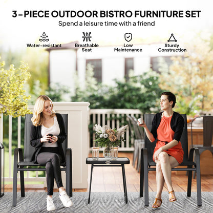 Zidoco 3 Piece Outdoor Mesh Bistro Set With Stackable Chairs And Coffee Table In Black