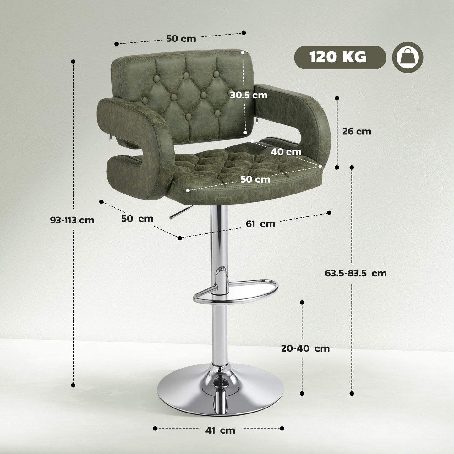 Dovetti Green Faux Leather H8 Adjustable Swivel Bar Stool With Arm Support