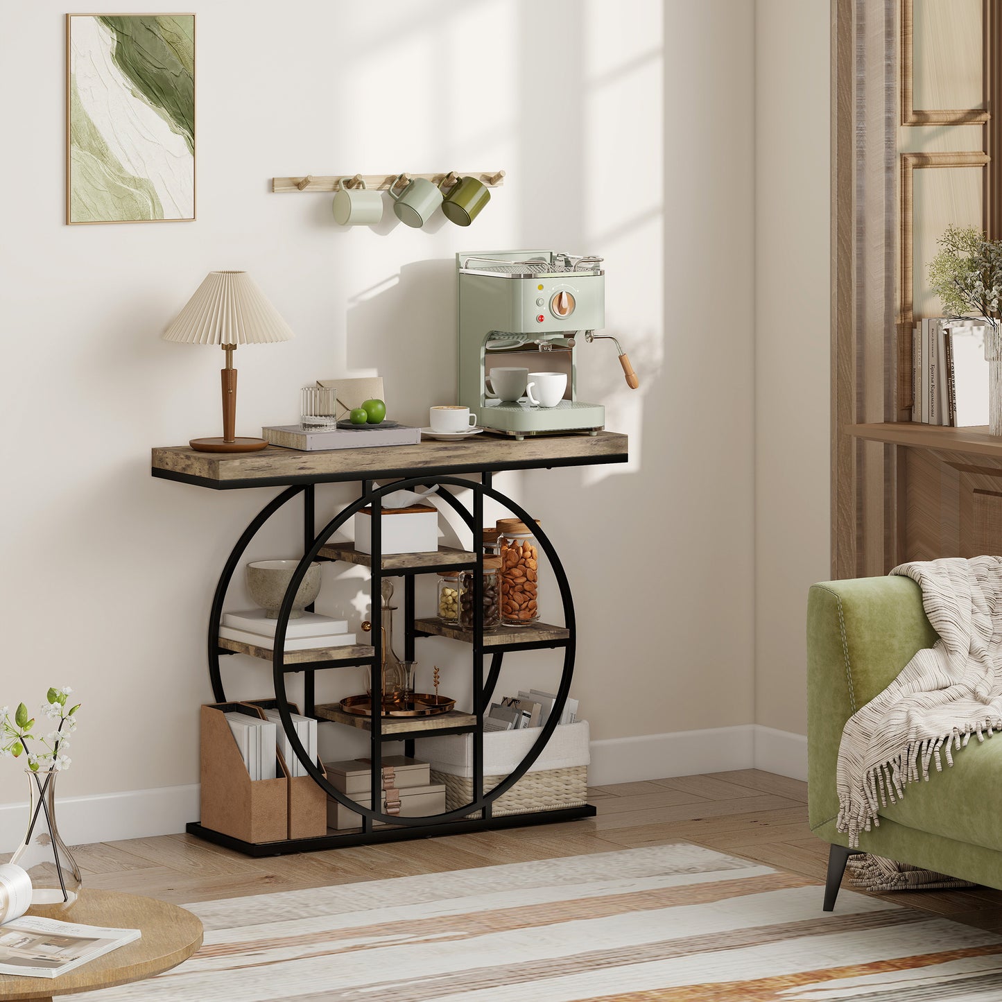 Reyore Metal And Wooden Rustic Brown Industrial Console Table With OFauxn Shelving