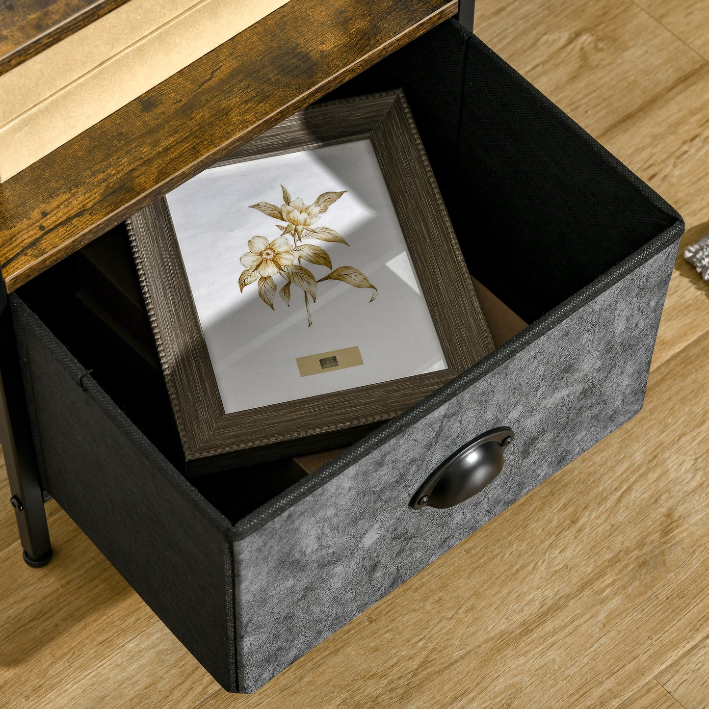 Nasuni Wooden Rustic Brown Bedside Table With Fabric Drawer and Top Shelf