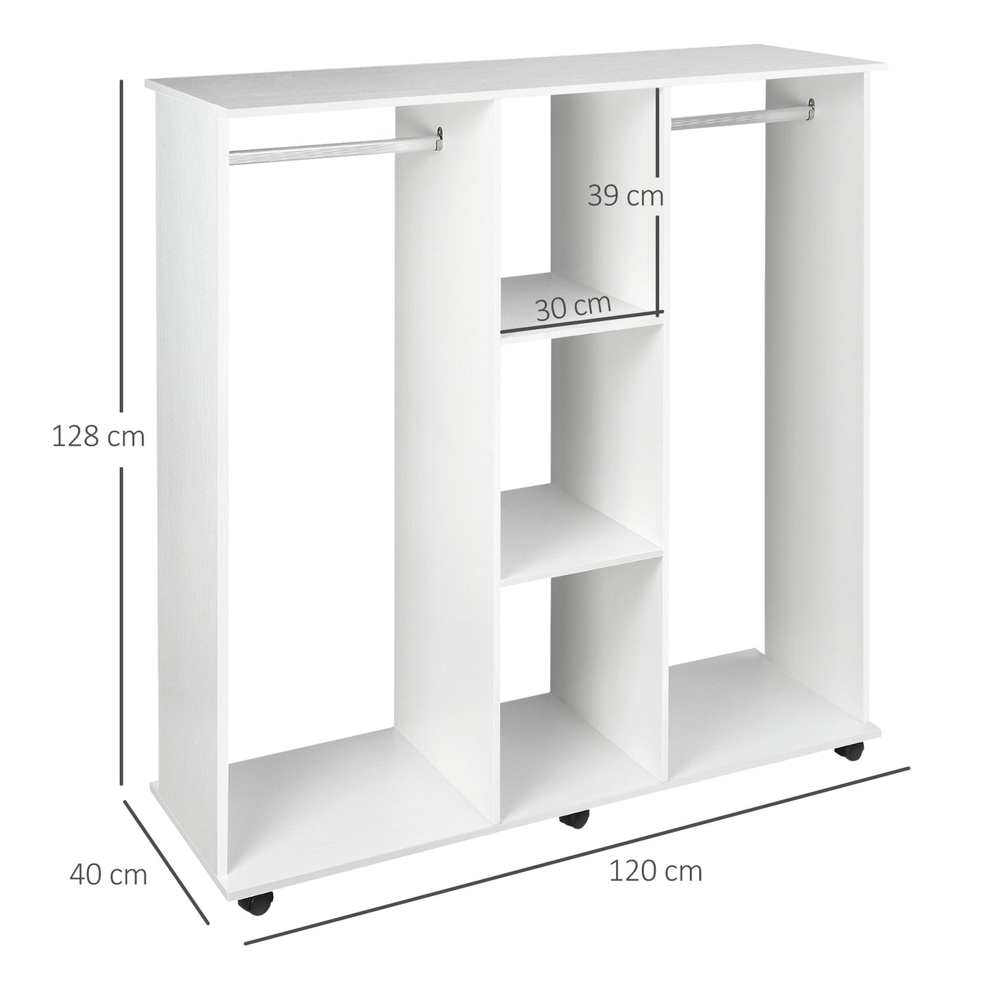 Belario White Double Open Wardrobe With Shelves Hanging Rail And Lockable Wheels