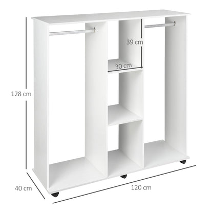 Belario White Double Open Wardrobe With Shelves Hanging Rail And Lockable Wheels