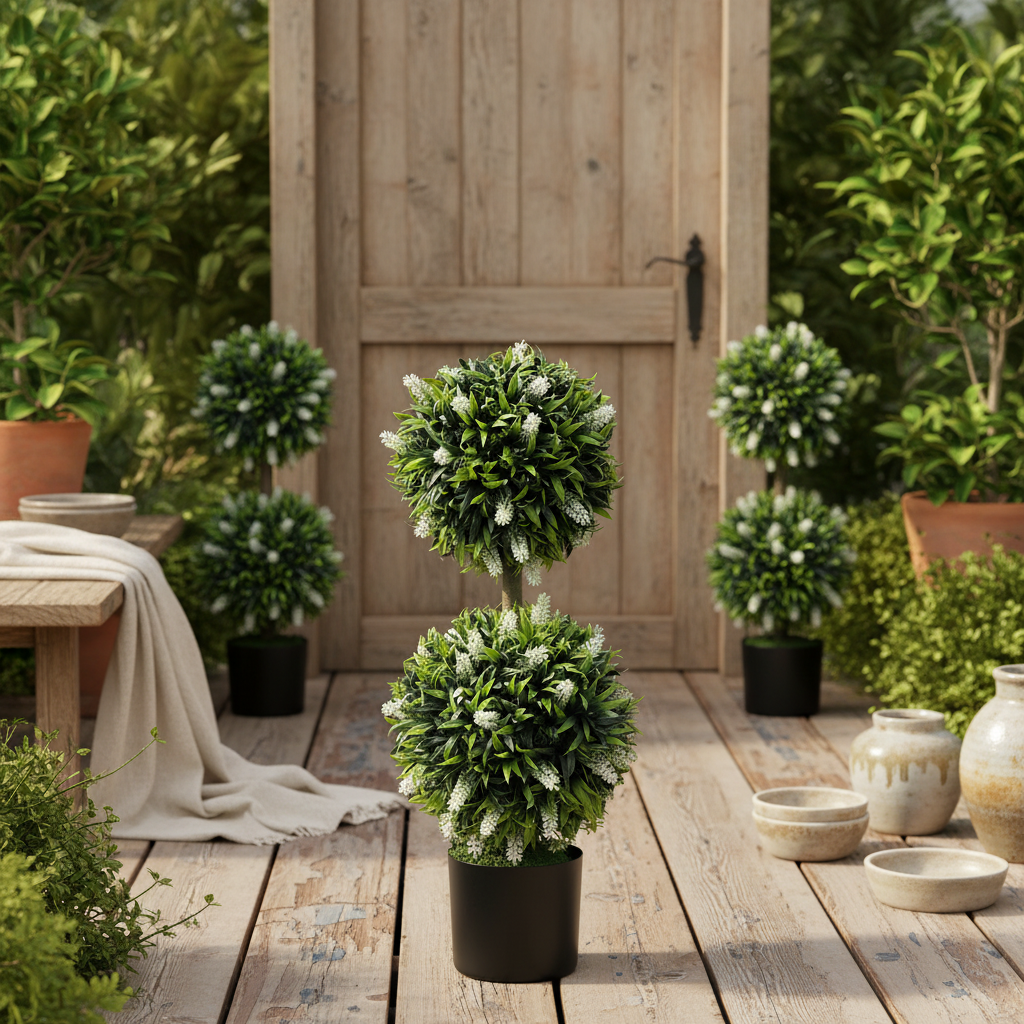 Kelola Set Of 2 Artificial Lavender Flower Ball Trees In Pots H8 70cm White