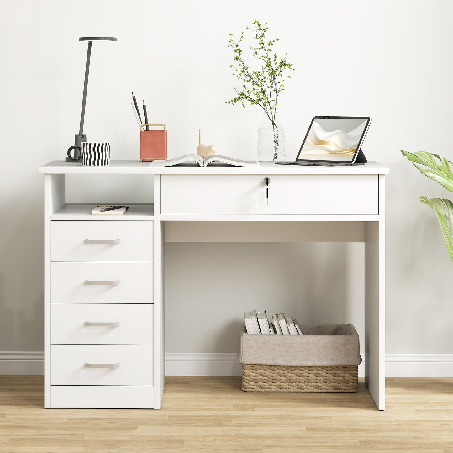 Fizita 110cm White Home Office Desk With 5 Storage Drawers