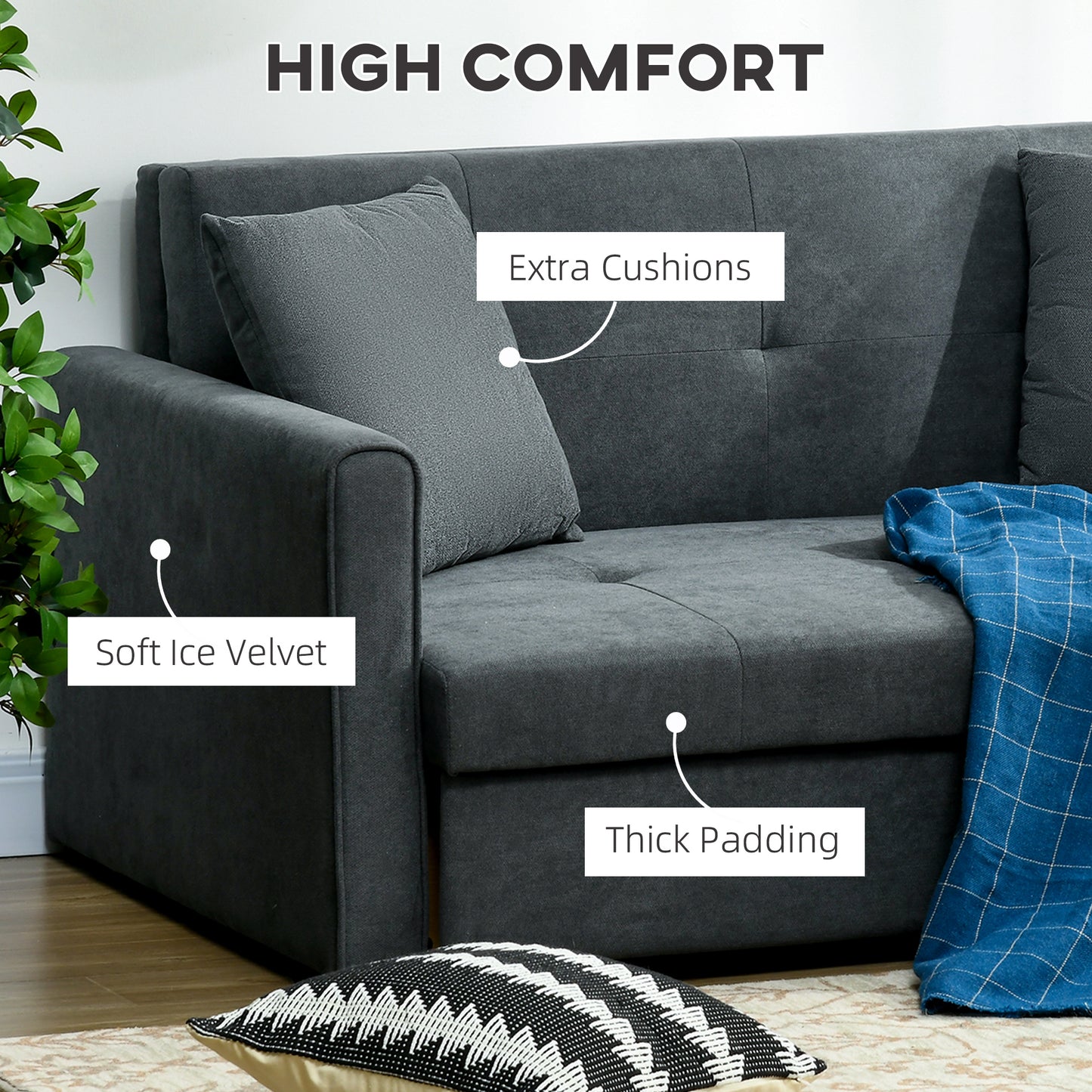 Takala Nele Snow Flannel Dark Grey 2 Seater Sofa Bed With Hidden Storage And Cushions