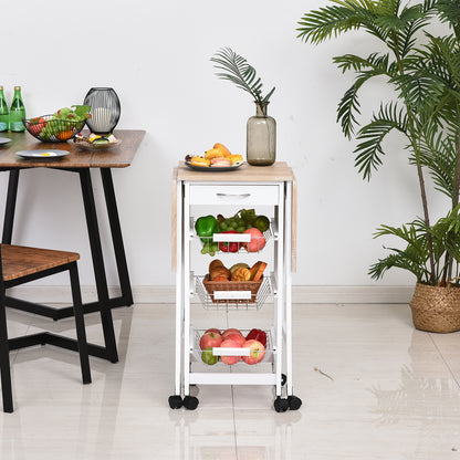 Ziha Wooden White Oak Tone Drop Leaf Kitchen Trolley With Baskets And Wheels