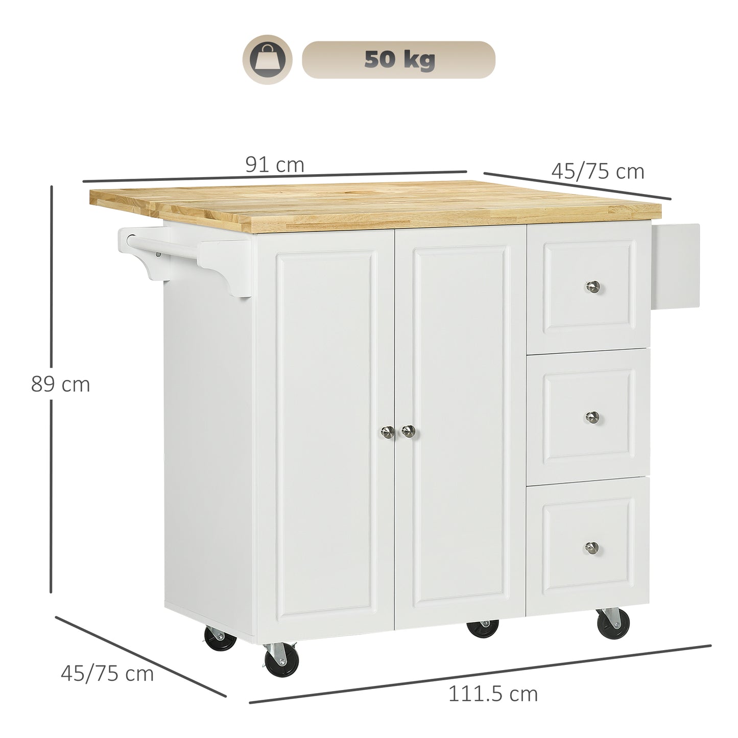 Tanalo Wooden White Rolling Kitchen Island With Drop Leaf Drawers Towel And Spice Racks