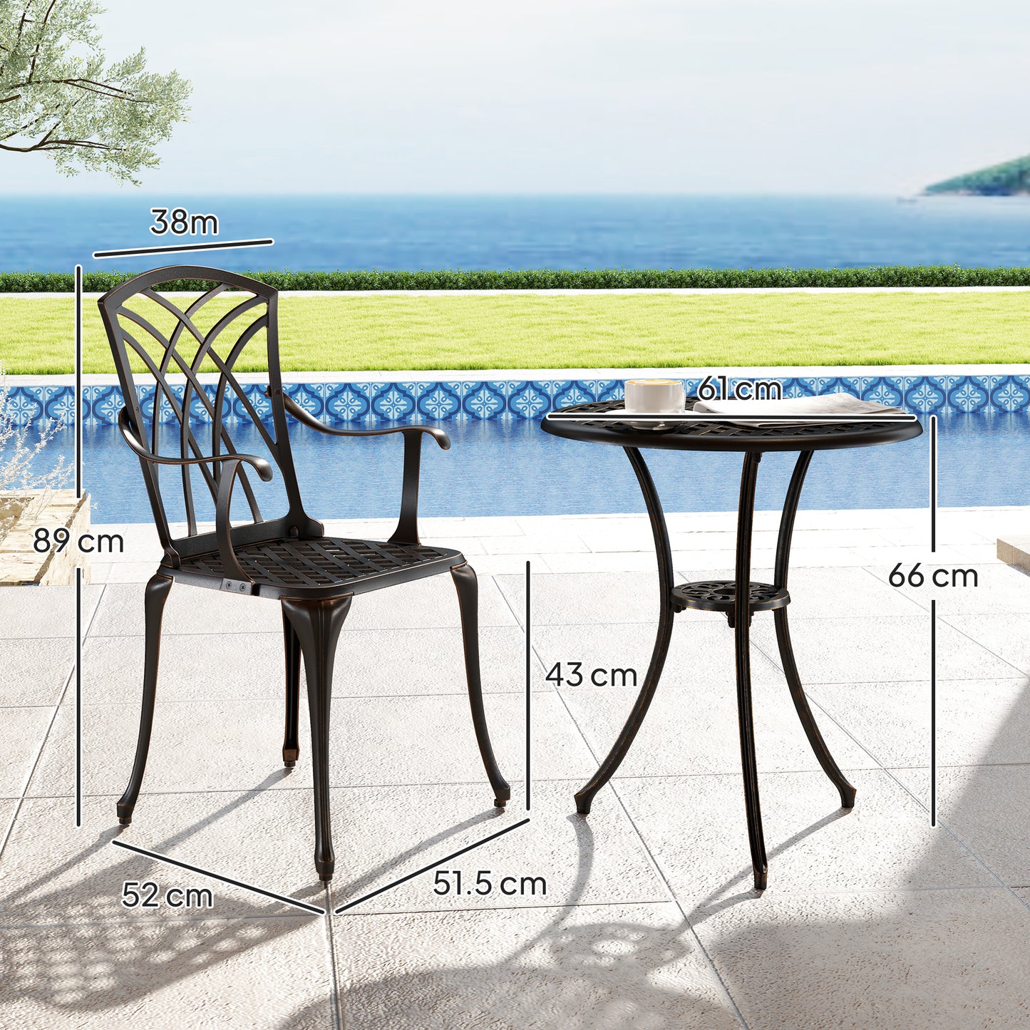 Haloco Cast Aluminium Bronze Tone 3 Piece Garden Bistro Set With Armchairs And Round Table