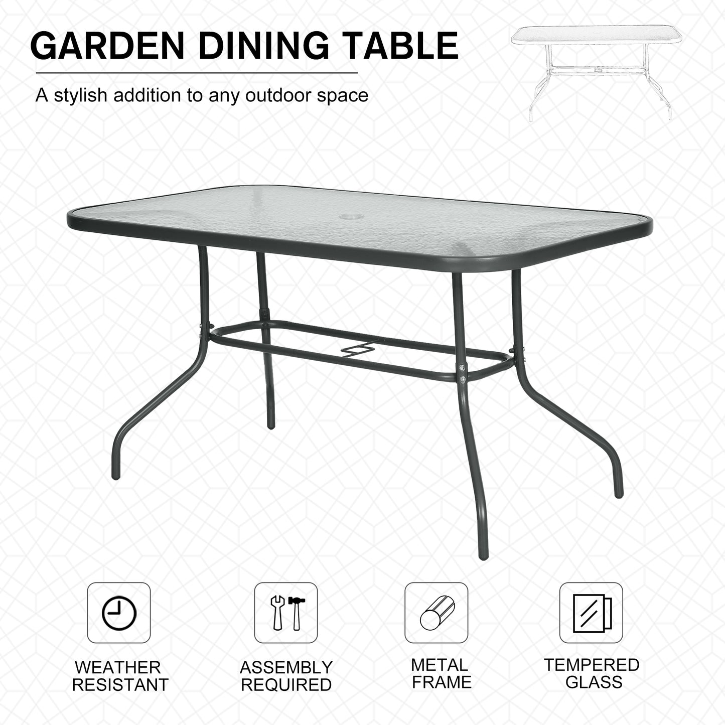 Lemone 140cm Metal Grey Rectangular Garden Dining Table With Glass Top And Parasol Hole