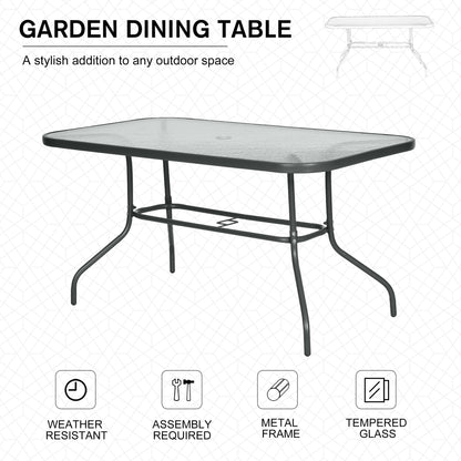 Lemone 140cm Metal Grey Rectangular Garden Dining Table With Glass Top And Parasol Hole