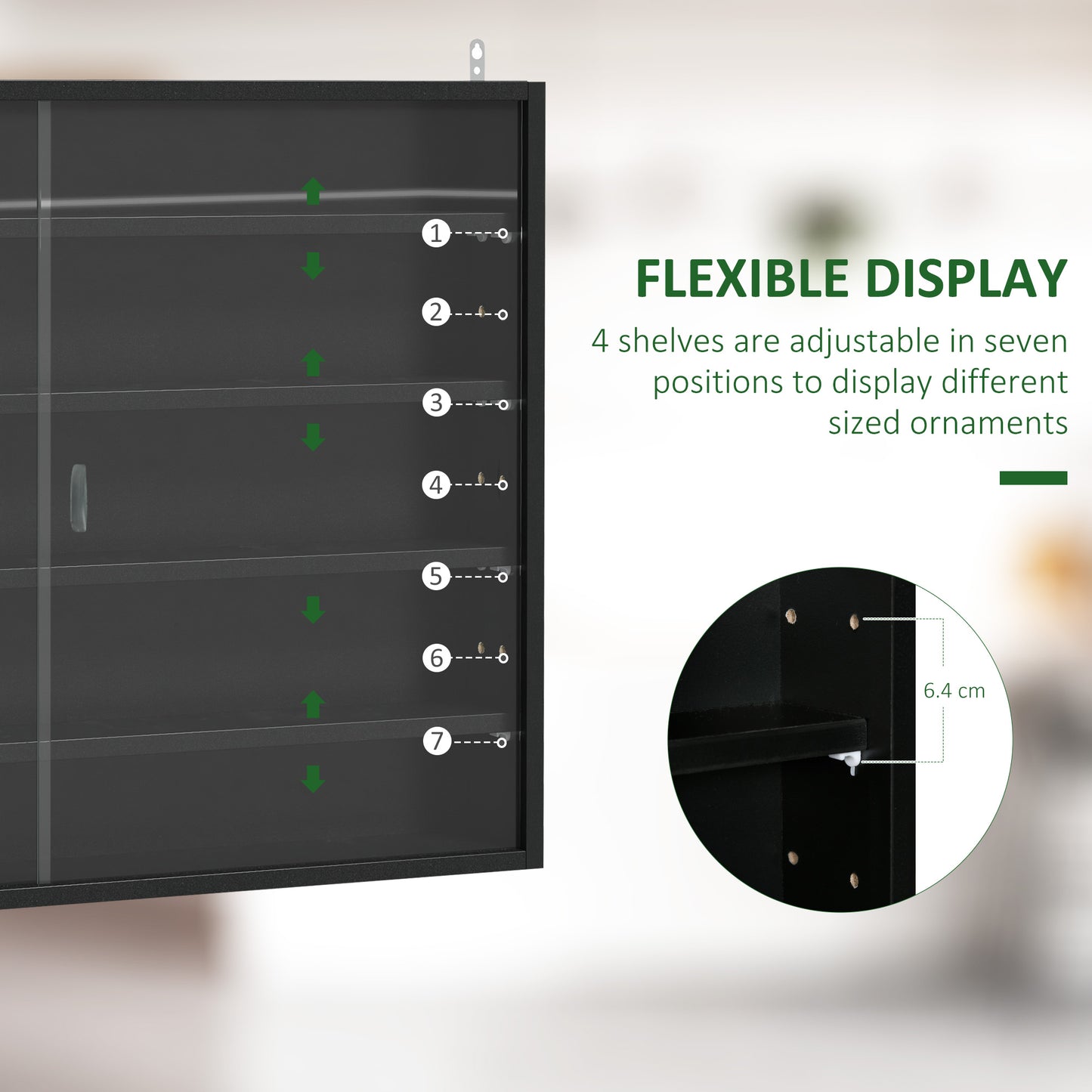 Velura Wood And Glass Black 5 Tier Wall Display Cabinet With Adjustable Shelves 60 x 80 cm