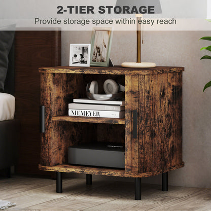 Pasaba Brown Nordic Bedside Table With Tambour Sliding Door And Metal Legs
