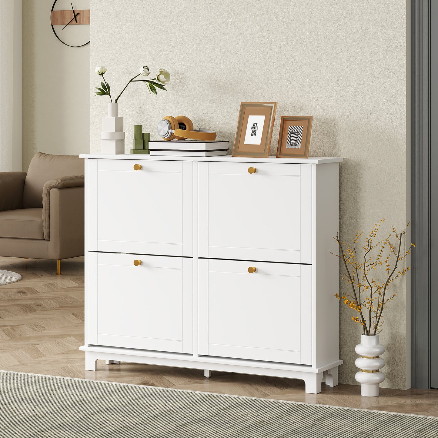 Zisuka Wooden White Slim Shoe Cupboard With 4 Flip Drawers For 16 Pairs