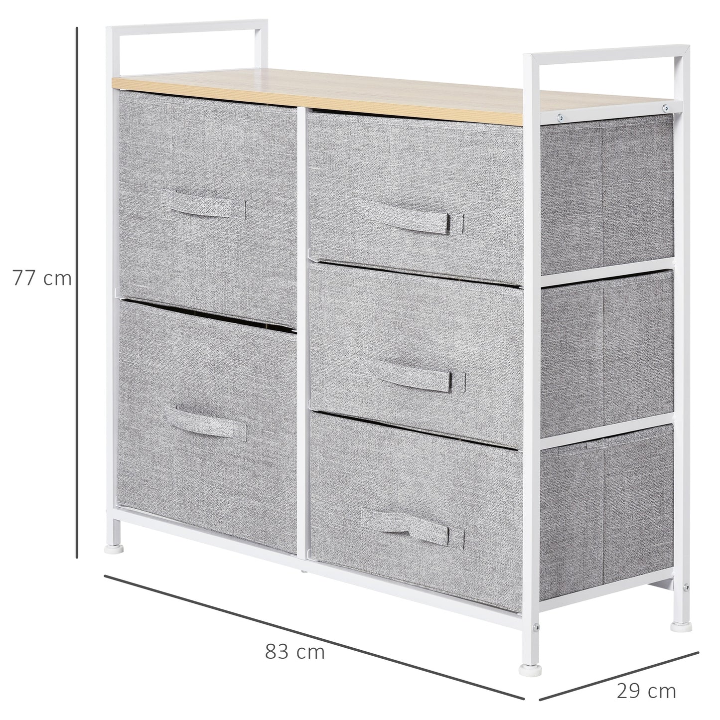 Vepapa White Metal And Grey Fabric 5 Drawer Linen Basket Storage Unit With Natural Wooden Top Shelf