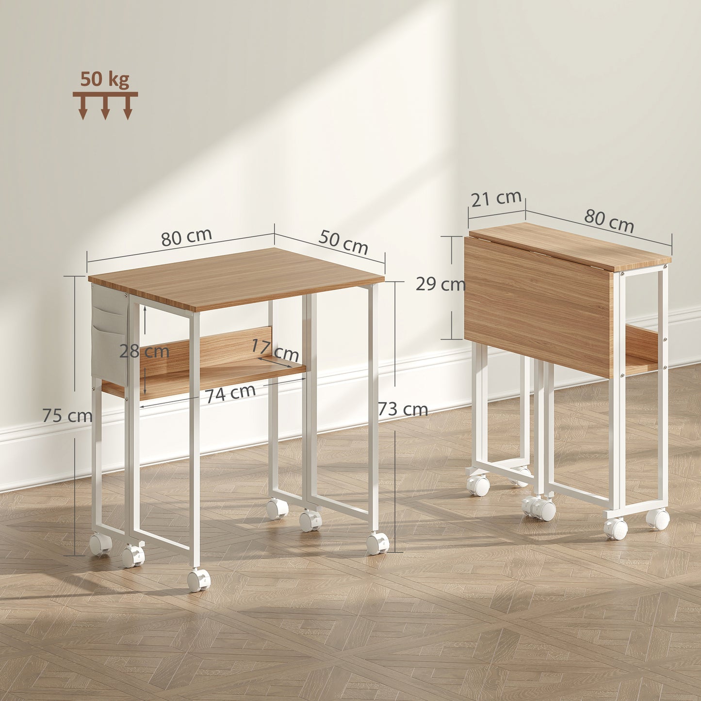 Zika 80cm Wooden Natural Drop Leaf Writing Desk with Lockable Wheels