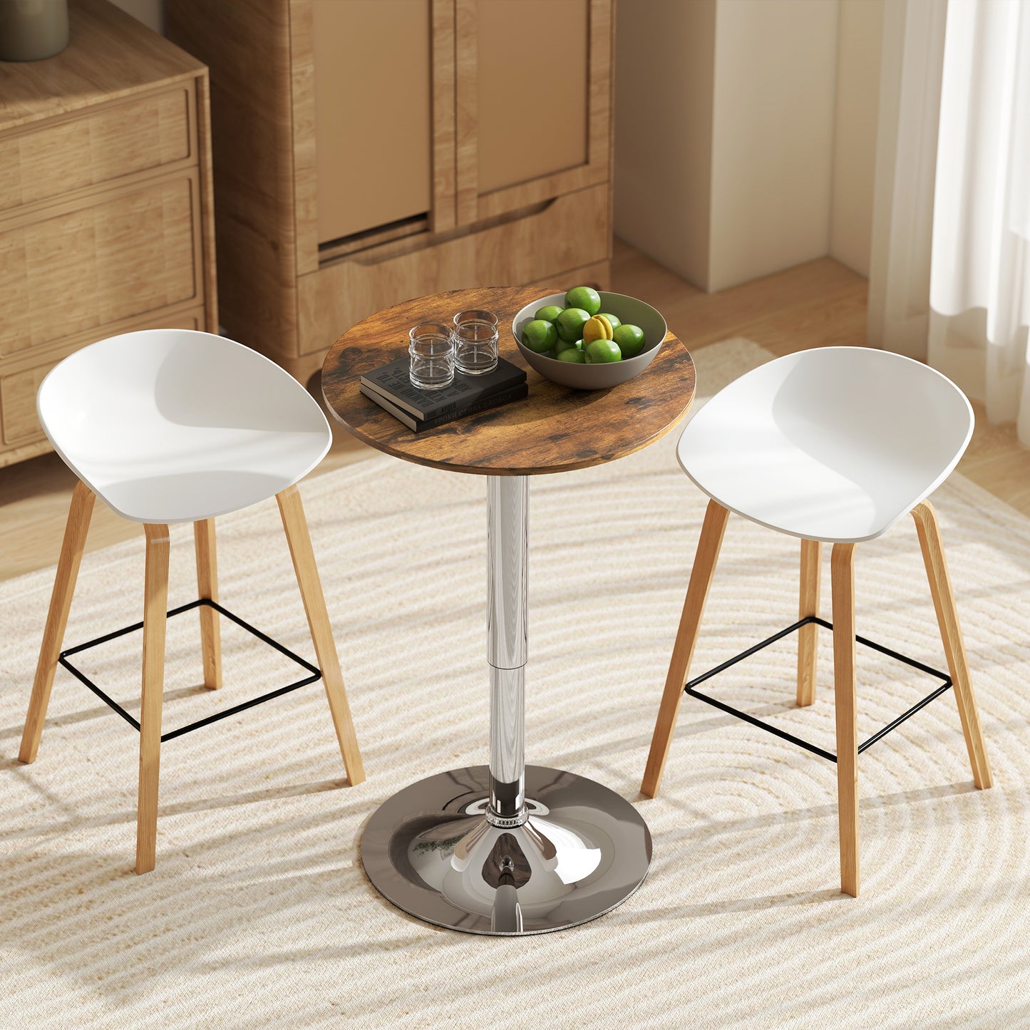 Redone Rustic Brown Adjustable Swivel Round Bar Table With Steel Base