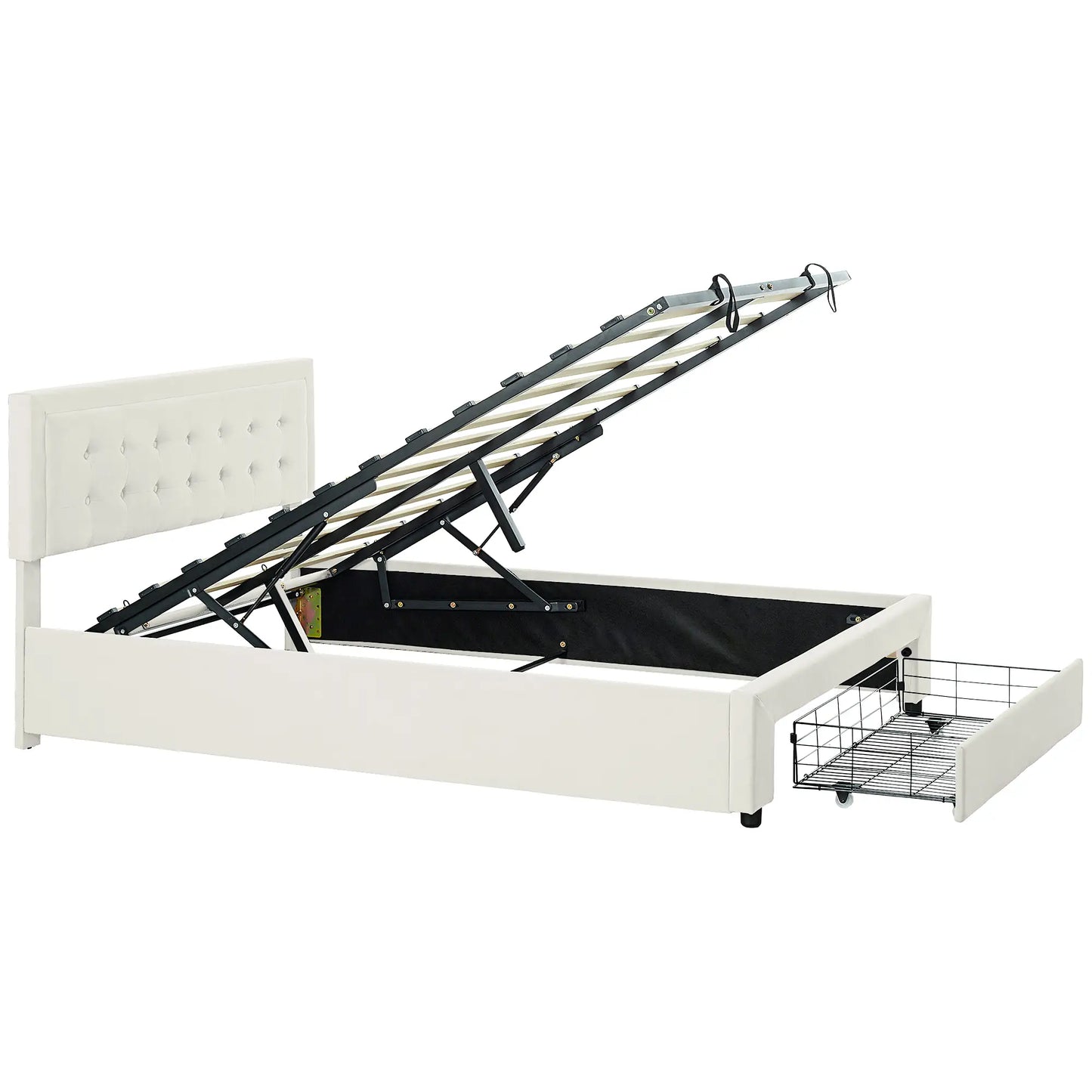 Double 4FT6 Ottoman Bed Frame with Front Divan Drawer Storage Cream