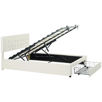 Double 4FT6 Ottoman Bed Frame with Front Divan Drawer Storage Cream