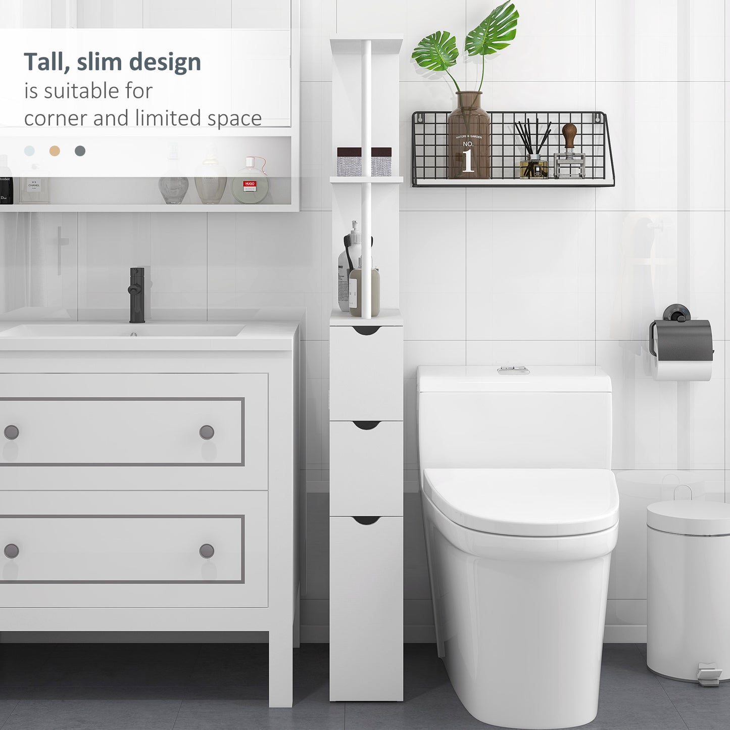 Tafi Slim Tall Bathroom Cupboard With Drawers And 2 Tier Shelving Unit White