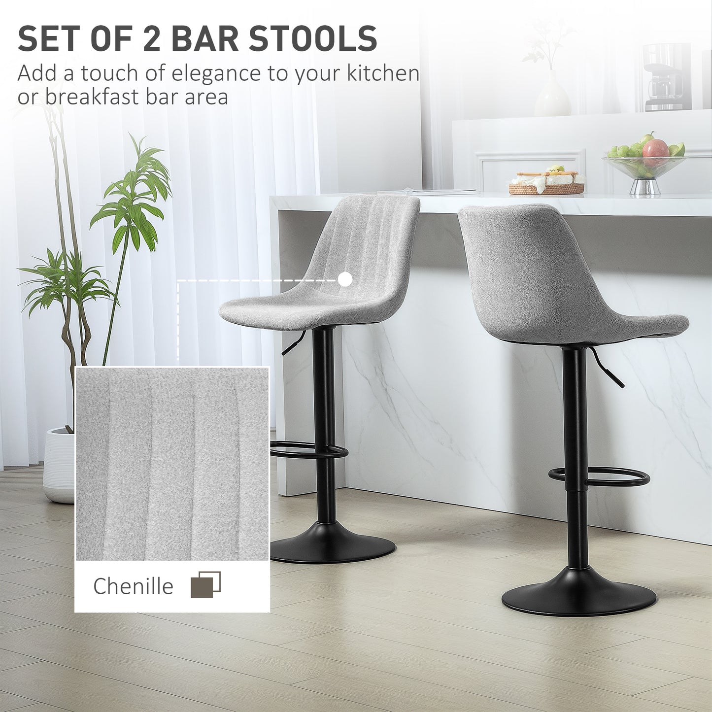 Cokeri Chenille Grey Tub Style Bar Stools Set Of 2 With Soft Touch Upholstery