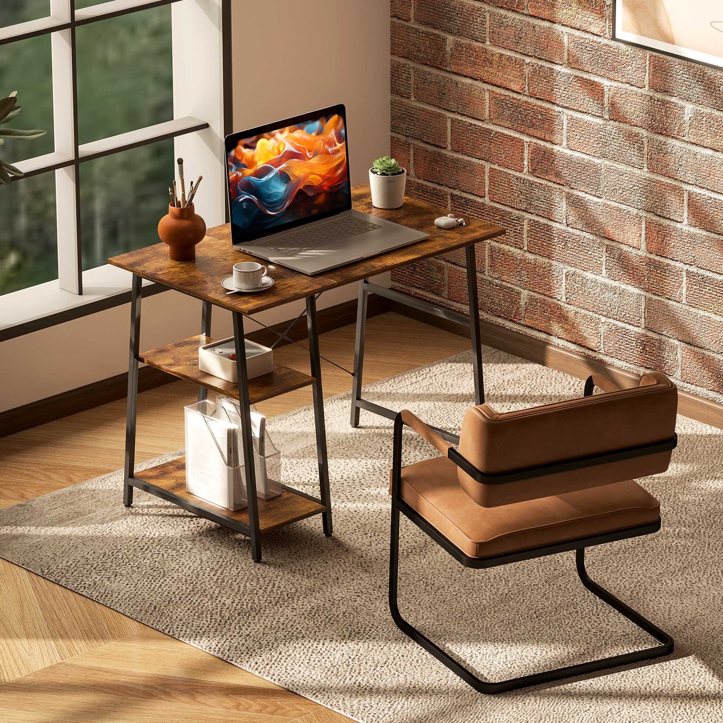 Doso 120cm Metal And Wood Brown And Black Industrial Work Desk With Open Shelving
