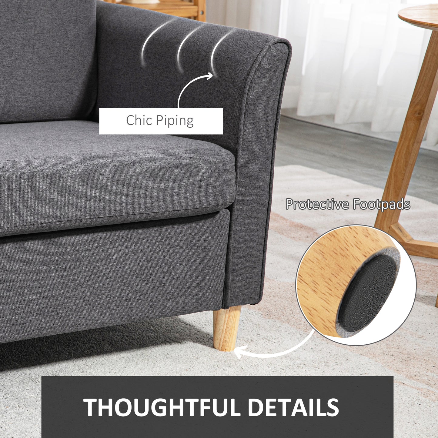 Sono Dark Grey Compact 2 Seater Sofa With Wooden Legs And Armrests