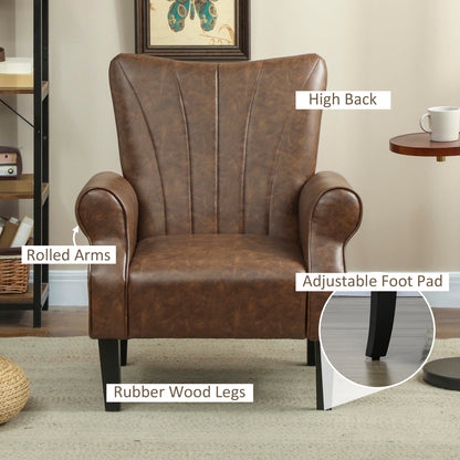 Vafi Brown Faux Leather Mid Century Accent Armchair With Rolled Arms And Wooden Legs
